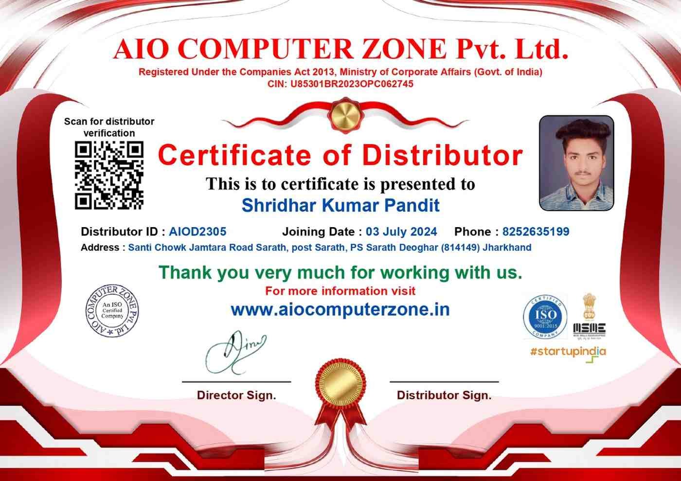 Distributor  Certificate 